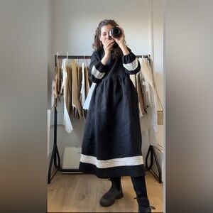 100% linen black dress with cluny lace 100% cotton lace color ecru